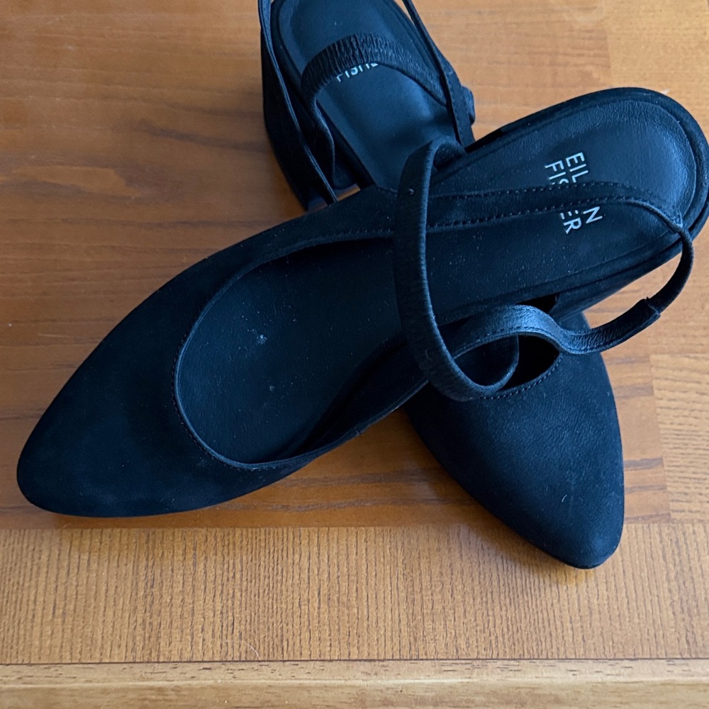 Eileen Fisher, block heels, black suede slingback with ankle strap, size 8
